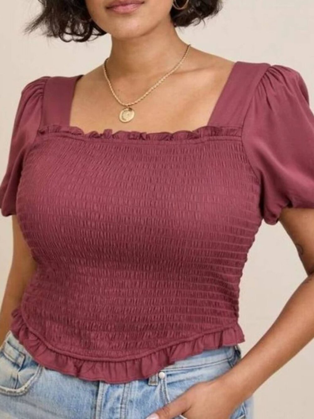 Torrid 5X Stretch Challis Smocked Puff Sleeve Crop Top Wild Ginger Burgundy Boho